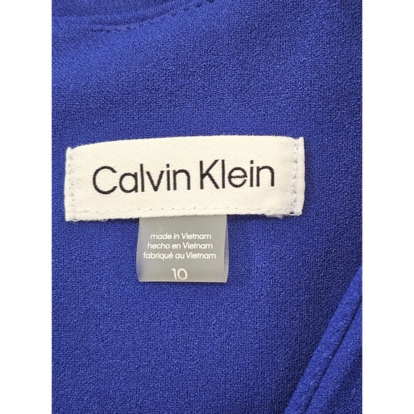 ALK Women's 10 Calvin Klein Blue Puff Sleeve Tie Waist Midi Length V-Neck Dress - Picture 5 of 7